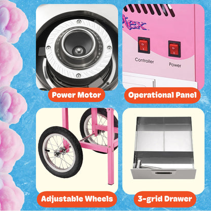 Cotton Candy Machine with Cart Vortex Candy Maker with Stainless-Steel Pan, 2 Side Trays, and 13-inch Wheels by Great Northern Popcorn (Pink)