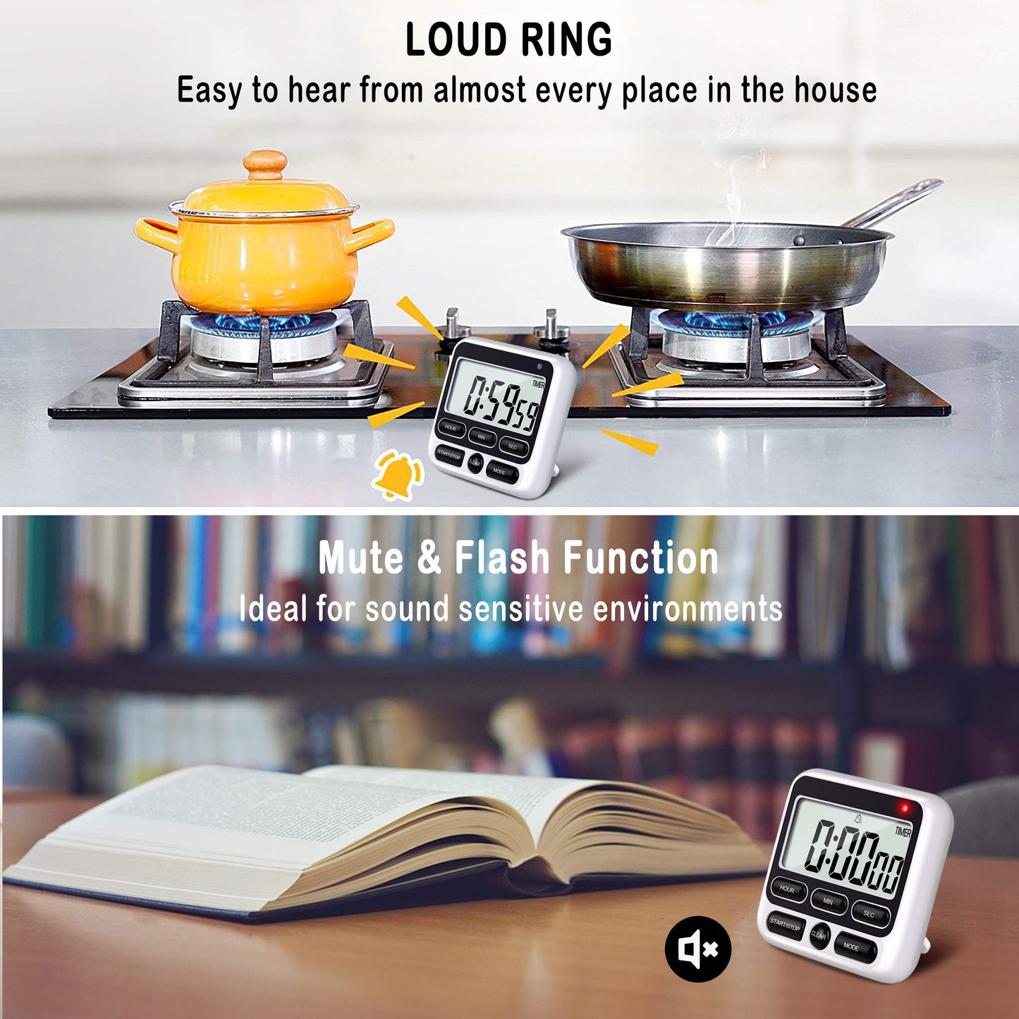 KTKUDY Digital Kitchen Timer with Mute/Loud Alarm Switch ON/Off Switch, 12-Hour Clock & Alarm, Memory Function Count Up & Count Down for Kids Teachers Cooking, Large LCD Display, Strong Magnet (Black)