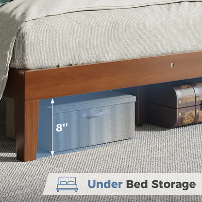HAPPYMONT Solid Wood Bed Frame, Queen Size Platform Bed Frame with Headboard, Sturdy Wood Slat Support, Heavy Duty Pine Wood Bed Frame for Bedroom, No Box Spring Needed