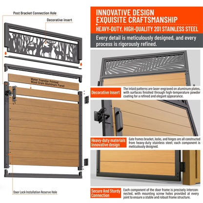 Uphode 4x5FT(46.8" x 59") 201 Stainless Steel Fence Gate Kit Heavy Duty, Anti Sag Metal Fence Gate Frame Kit with Aluminum Board, Morden Garden Gate Hardware Kit Outdoor (Left/Right Free-Installation)