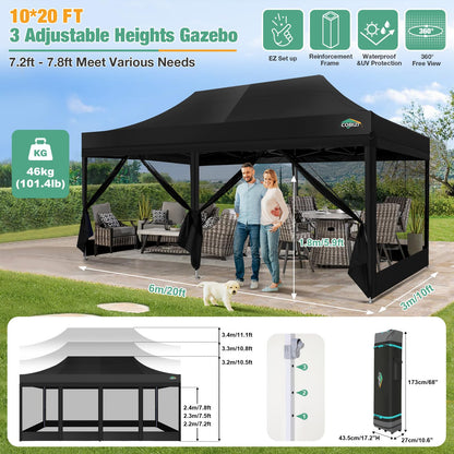 COBIZI 10x20 Canopy Tent, Heavy Duty Pop up Canopy with Sidewalls, Waterproof Easy Setup Canopy with Mosquito Netting, Outdoor Instant Screen Tents for Parties, Wedding with Roller Bag, Black