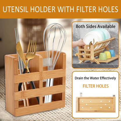 KAEASOUS Foldable Bamboo Dish Rack, 3-Tier Wooden Dish Drainer & Utensil Holder for Kitchen - Large Countertop Drying Rack for Dishes and Plates, Natural Compact Storage