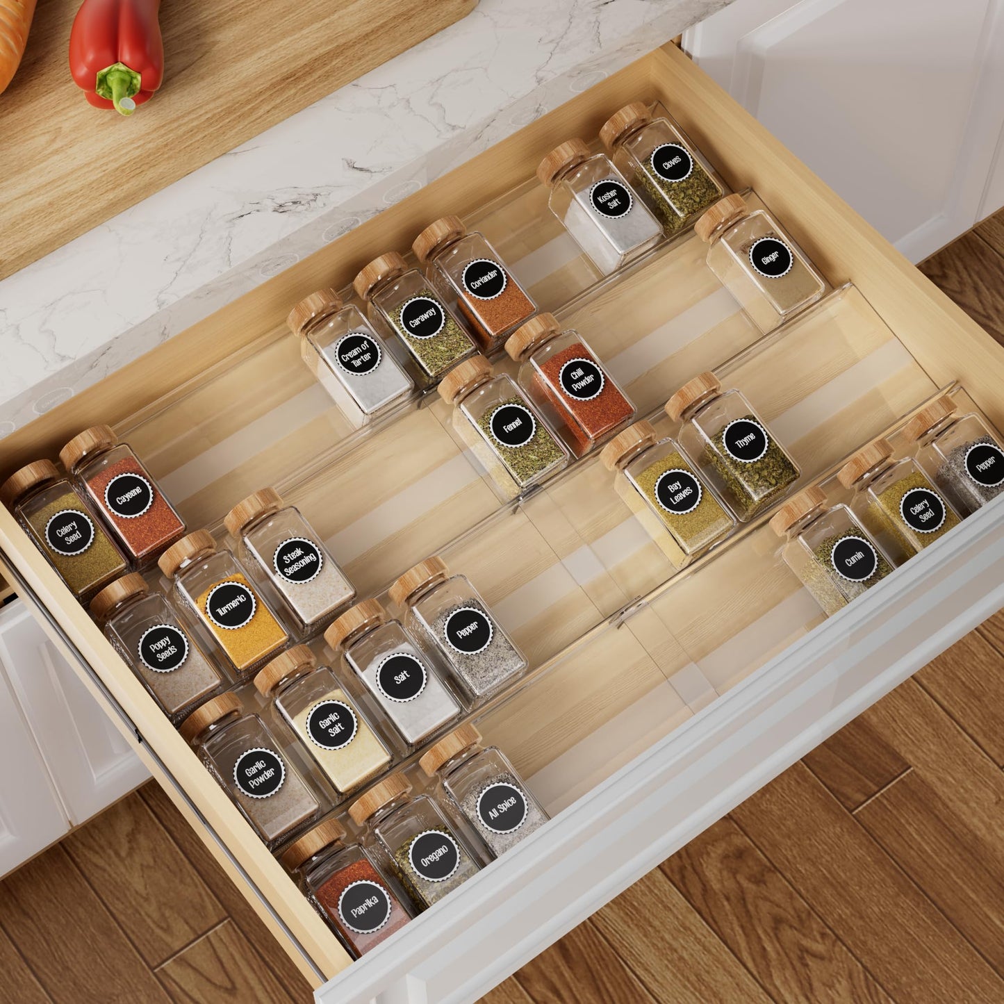 Brippo 8-Pack Spice Drawer Organizer, Expandable Acrylic Seasoning Rack (13" to 26") with Anti-Slip Mat, Kitchen Spice Rack Holds up to 56 Jars (Jars Not Included)