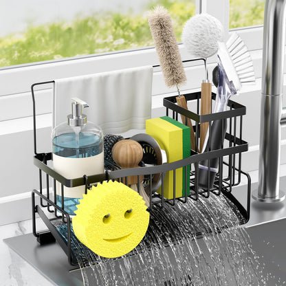 Adurei Sponge Holder for Kitchen Sink 304 Stainless Steel Self-Draining Sink Caddy with Smiley Face Sponge and Brush Holder Towel Bar and Divider Kitchen Gadgets Organizer for Countertop, Black