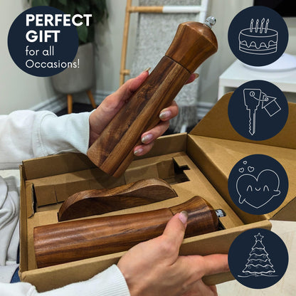Wooden Salt and Pepper Grinders Set Mill with Tray, Premium Acacia Wood, 100% Plastic Free, Adjustable Coarseness with Stainless Steel and Ceramic Core, Great Gift, 8” Set of 2