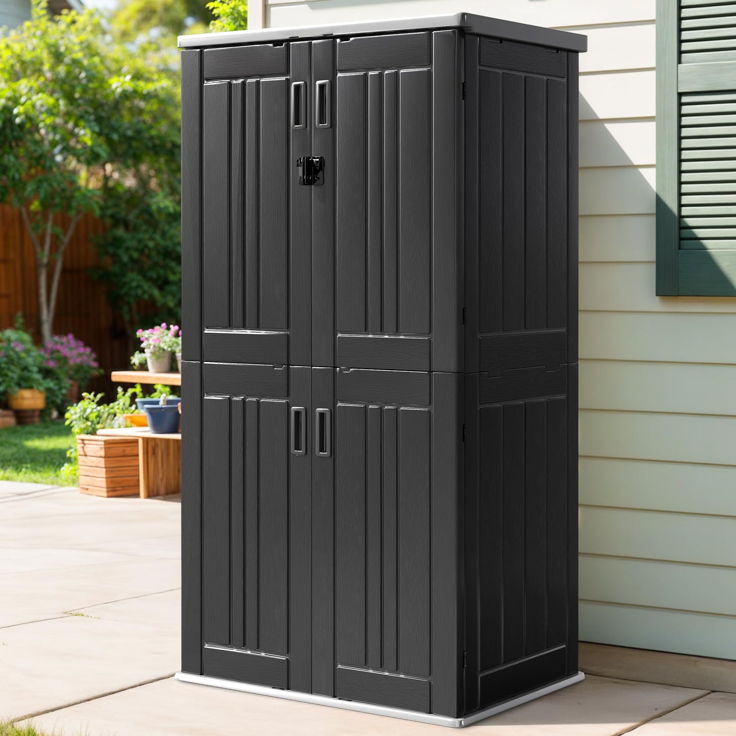 DWVO Outdoor Vertical Storage Cabinet with 4 Shelves, Waterproof Tall Plastic Storage Shed with 4 Adjustable Shelf, 30 cu. ft. Patio Tools Storage Box for Patio, Garden, Backyard, Deck, Dark Gray