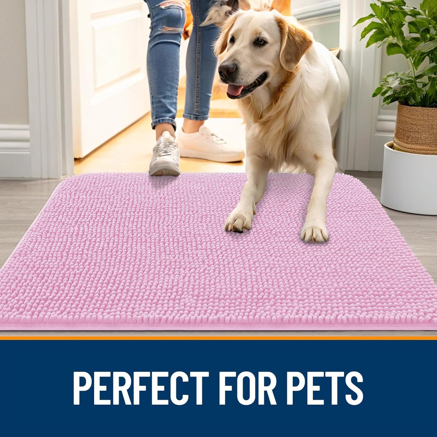 OLANLY Dog Door Mat - Absorbent Non-Slip Washable Chenille Mat for Muddy Paws | 48x30, Pink