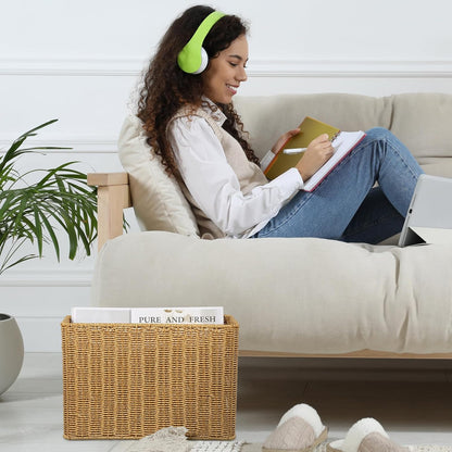 Healeved Woven Seagrass Magazine Basket, Floor Magazine Holder for Books, Newspapers, Tablets