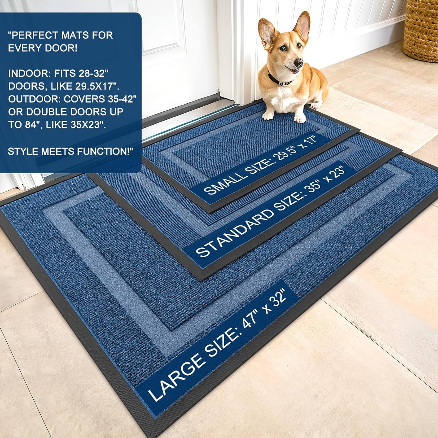 OLANLY Waterproof Front Door Mat - All-Season, Sturdy Natural Rubber, Easy Clean | 59x30, Light Blue
