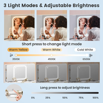 Fkhouse Glass Top Vanity Desk with Foldable Mirror and Lights, 11 Drawers Makeup Vanity with Charging Station, 3 Lighting Modes Dressing Table with Chair, White