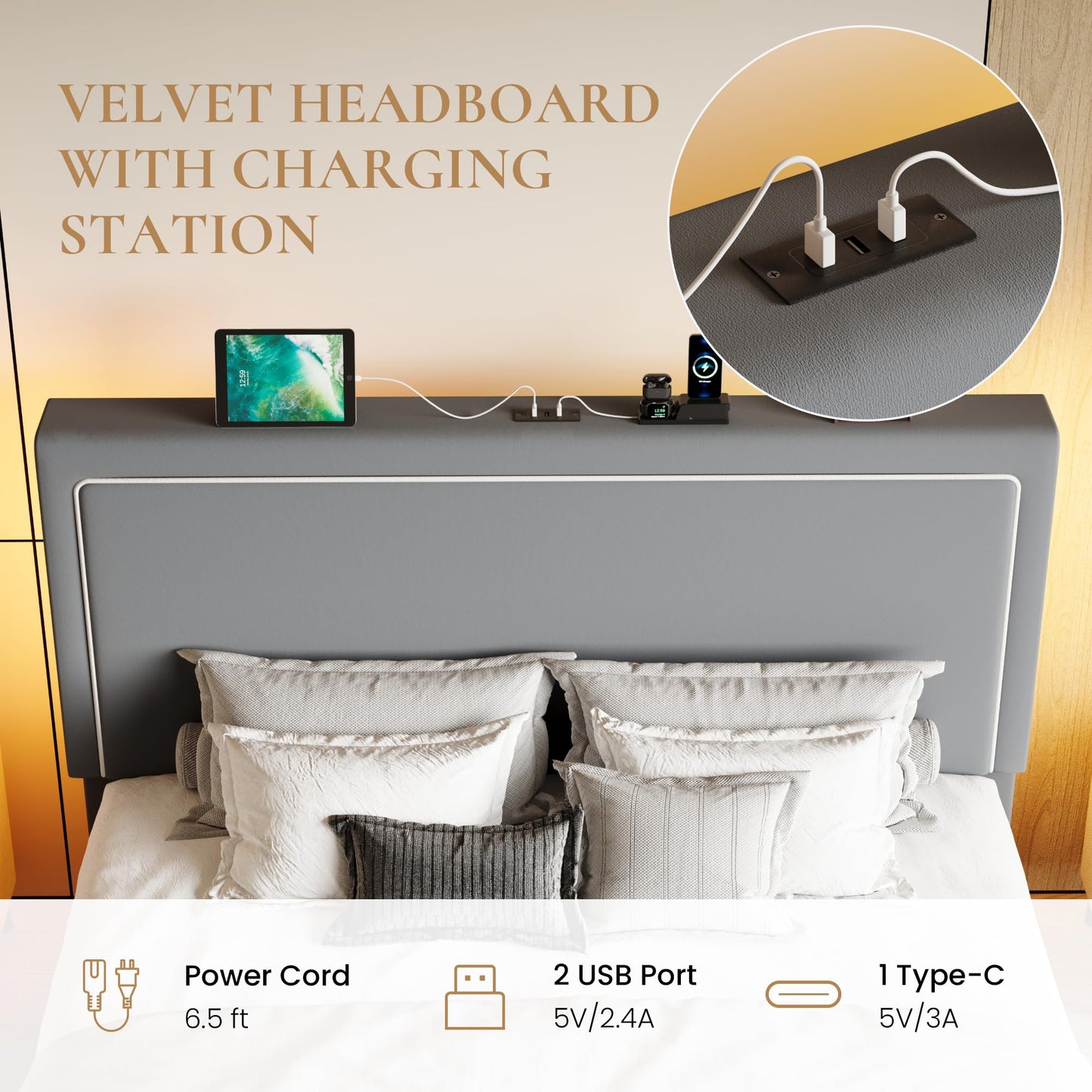 SHA CERLIN Queen Size Hydraulic Lift-Up Storage Platform Bed Frame with Charging Station, RGB LED Lights, Adjustable Velvet Headboard, USB-A and USB-C Ports, No Box Spring Needed, Grey