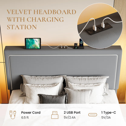 SHA CERLIN Queen Size Hydraulic Lift-Up Storage Platform Bed Frame with Charging Station, RGB LED Lights, Adjustable Velvet Headboard, USB-A and USB-C Ports, No Box Spring Needed, Grey