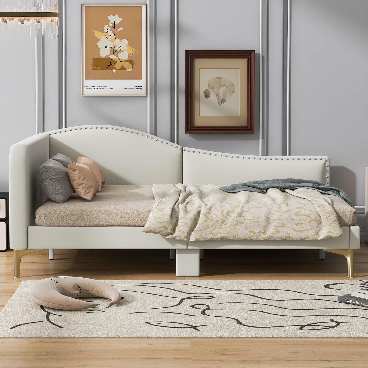 Jintop Full Size Upholstered Daybed with Backrest and Armrest,Modern Wooden Bed Frame,w/Support Legs,Slat Support,No Box Spring Needed,for Dorm,Apartment,Studio,Office,Beige