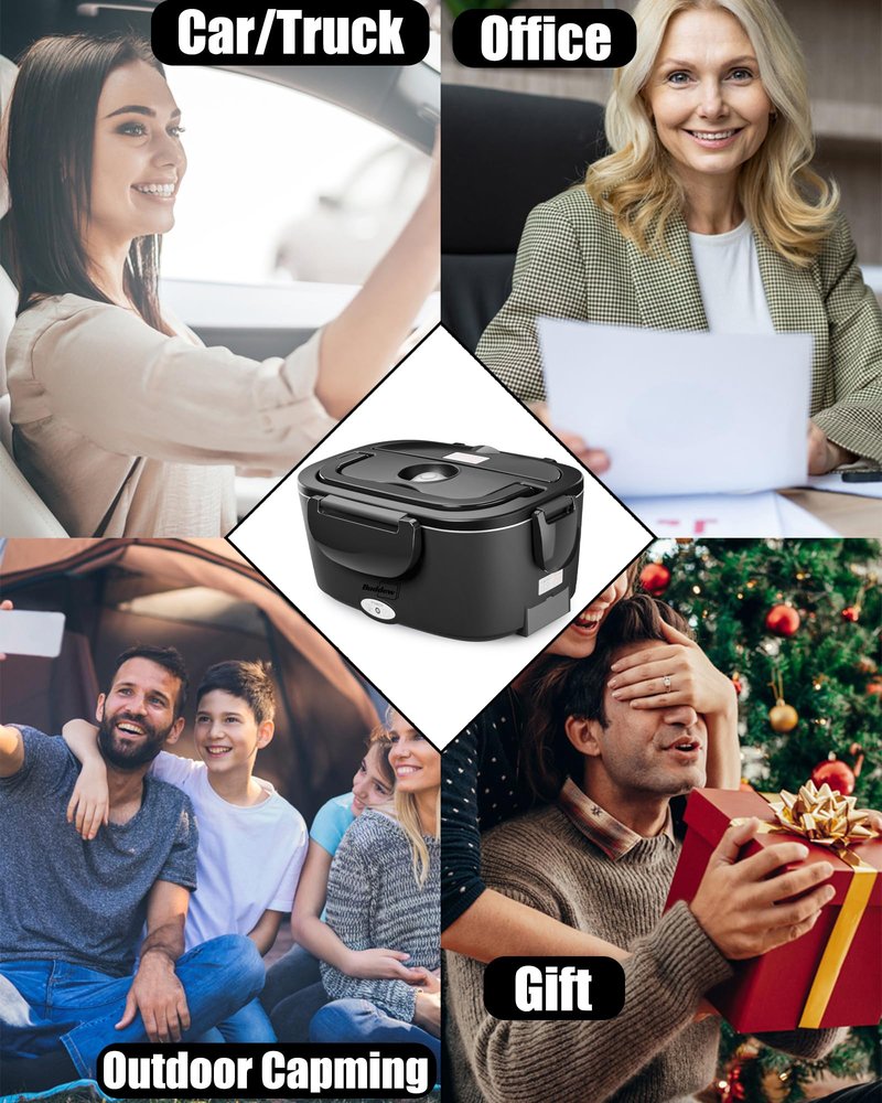 Buddew Electric Lunch Box for Adults, 80W Heated Lunch Box with Dual 1.5L Stainless Steel Portable Food Warmer,12/24/110V Lonchera Electrica Portatil for Travel&Work, Loncheras para Hombres de Trabajo