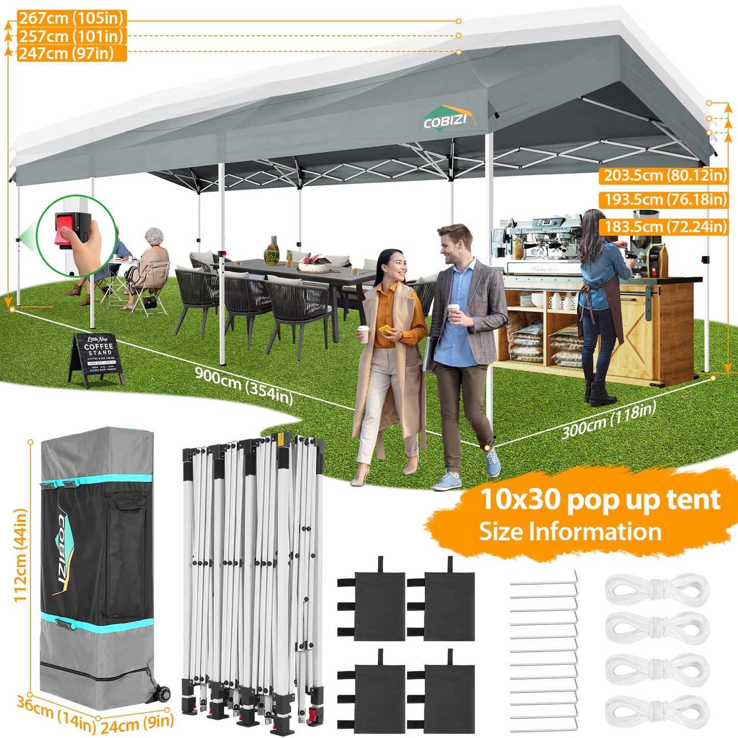 COBIZI 10x30 Party Tent with Wheeled Bag 10x30 Pop up Canopy with One-Push Setup, Outdoor Canopy with 3 Sidewalls Gazebo Event Shelter for Wedding Commercial with Sandbags,Waterproof & UPF50+, Grey