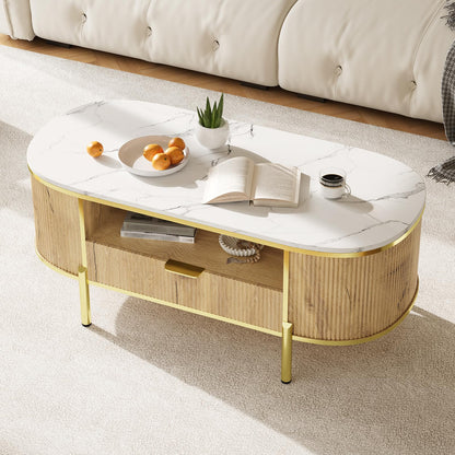Modern Luxury Oval Coffee Table with Drawer, 48" Fluted Coffee Table with Faux Marble Top, Curved Profile Design, Gold Metal Decor, Center Table for Living Room- Natural Oak