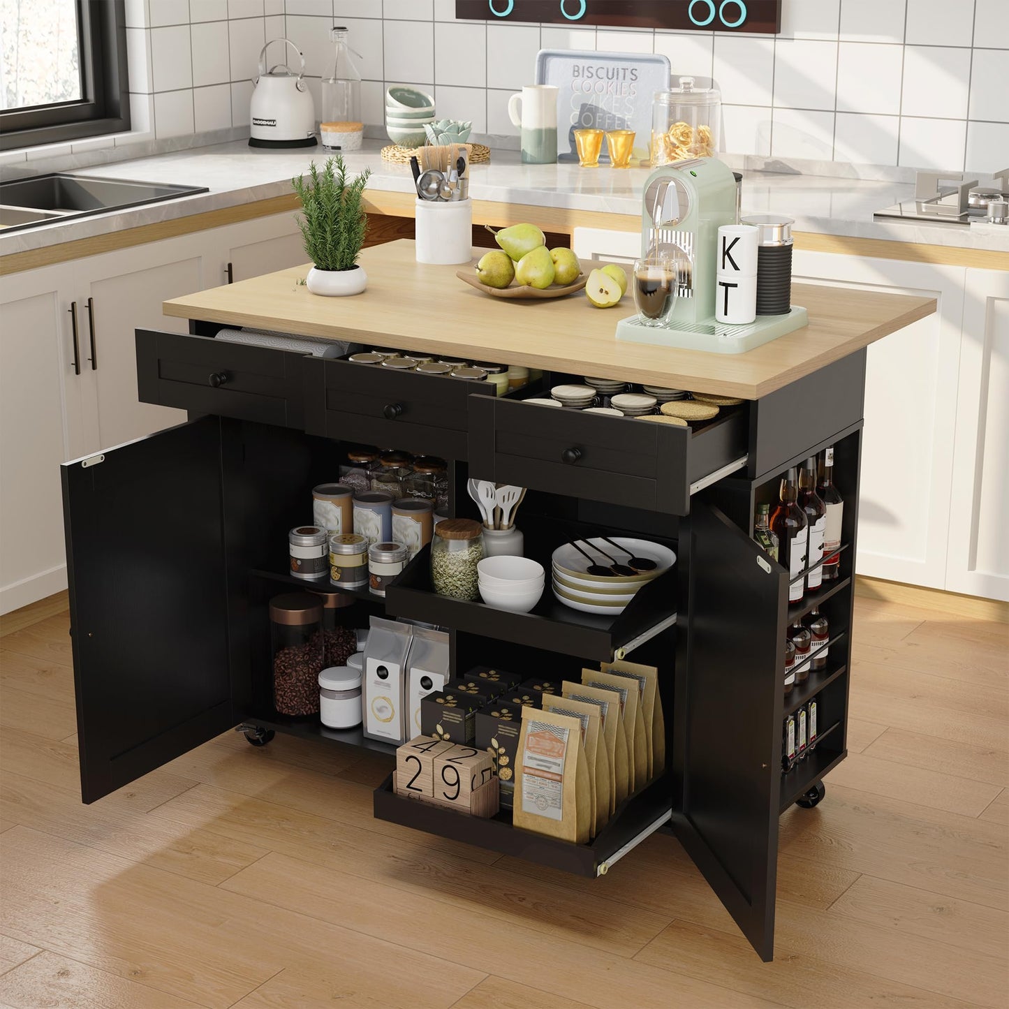 IDEALHOUSE Rolling Kitchen Island with Drop Leaf Countertop, Charging Station & Ample Storage - 47.2" Mobile Kitchen Cart On Wheels with Pull-Out Shelves, Drawers, Spice Rack & Organizer Divider