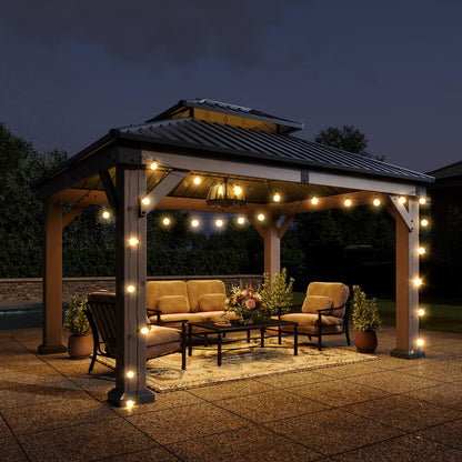 Aoxun 10' x 12' Outdoor Wood Gazebo, Hardtop Gazebo Permanent Wooden Pavilion with Galvanized Steel Double Roof, and LED Outdoor Waterproof Hanging Lights, for Patio, Garden, Deck, Cedar Wood, Grey