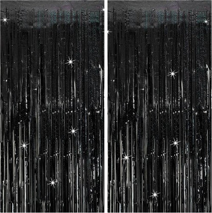 Glitter Foil Fringe Curtain - Tinsel Backdrop for Birthday & Wedding Decor | 2 Packs in Black