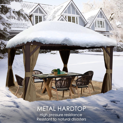 Kozyard Alexander 10' x 12' Hardtop Gazebo, Aluminum Frame with Galvanized Steel Double Roof, Outdoor Permanent Pavilion with Curtains and Netting for Patio, Backyard, Deck, Lawn(Brown)