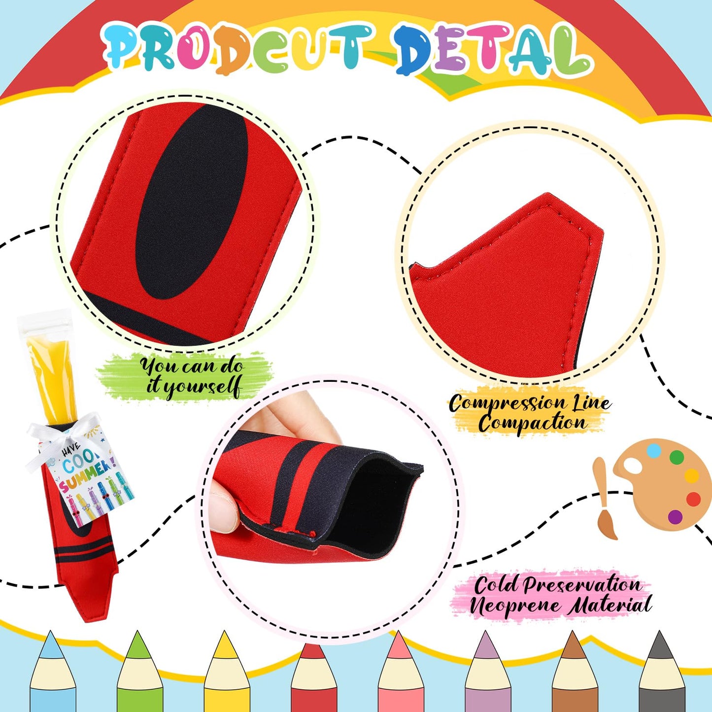 Potchen 24 Set Ice Pop Sleeves Reusable Colorful Freezer Neoprene Ice Sleeves Holder Bag with 24 Pcs Gift Cards 1 Roll Ribbon for Classroom Prizes Summer Birthday Party(Crayon)