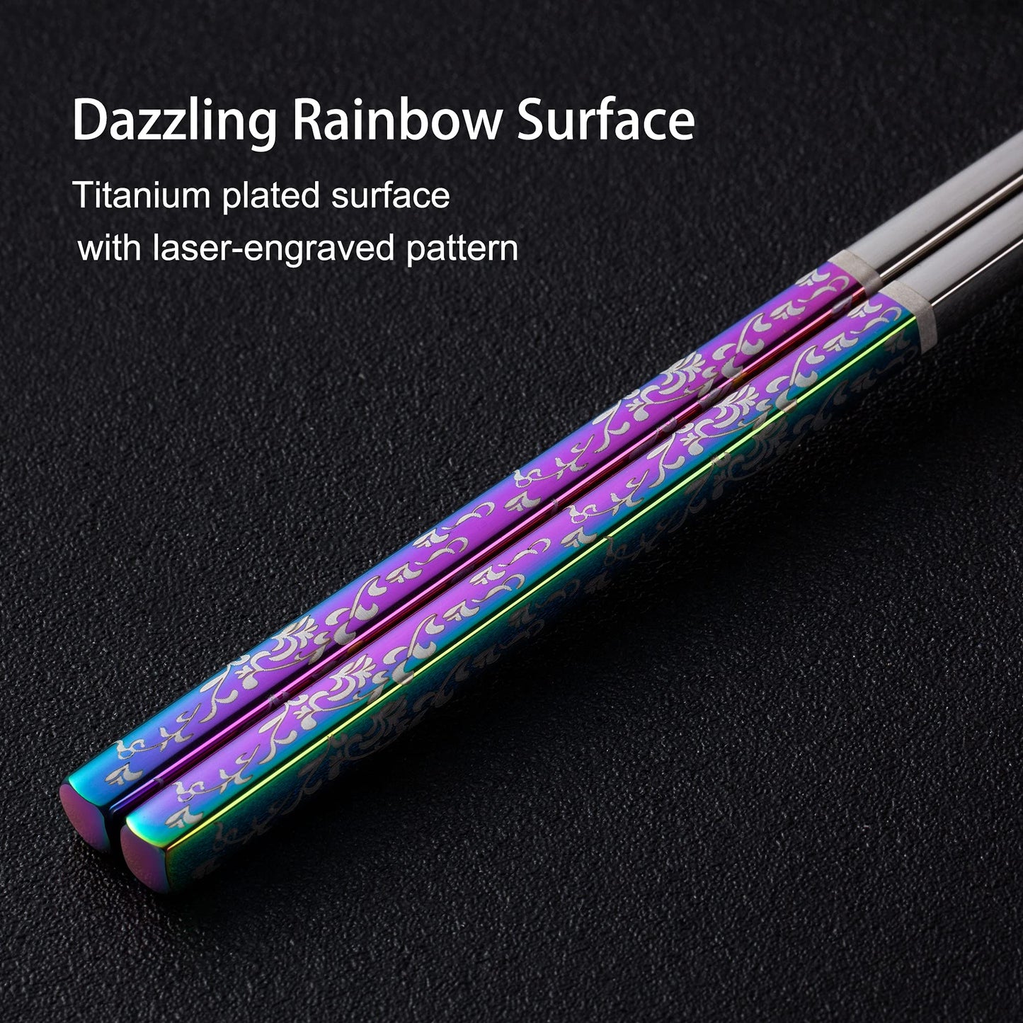 Metal Chopsticks Reusable Dazzling Rainbow Stainless Steel Chopsticks Titanium Plated Dishwasher Safe Fancy Laser Engraved Korean Japanese Chop Sticks Multicolor 2 Pairs Gift Set