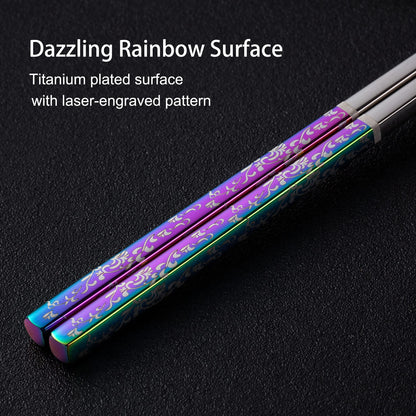 Metal Chopsticks Reusable Dazzling Rainbow Stainless Steel Chopsticks Titanium Plated Dishwasher Safe Fancy Laser Engraved Korean Japanese Chop Sticks Multicolor 2 Pairs Gift Set