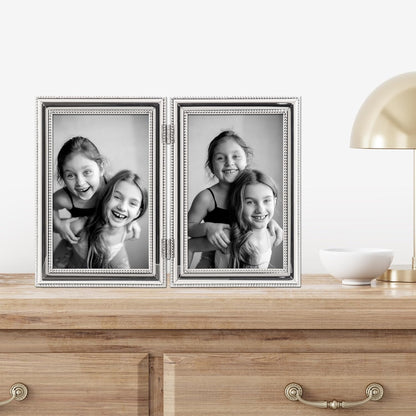 Lawrence Frames 4 by 6-Inch Hinged Double Metal Picture Frame, Silver-Plate with Delicate Beading (Vertical)
