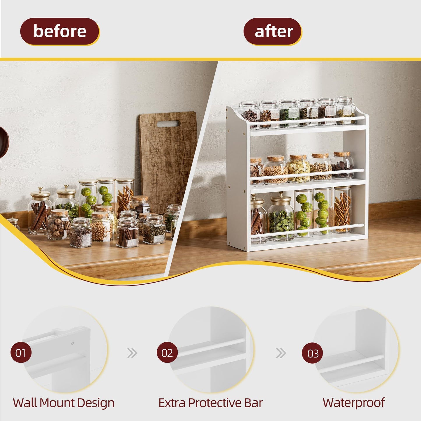 STELLSTAR Spice Rack Wall Mounted, Freestanding Spice Organizer for Countertop, Bamboo Spice Storage Holder, for Kitchen Cupboard, Pantry, Bathroom (White)