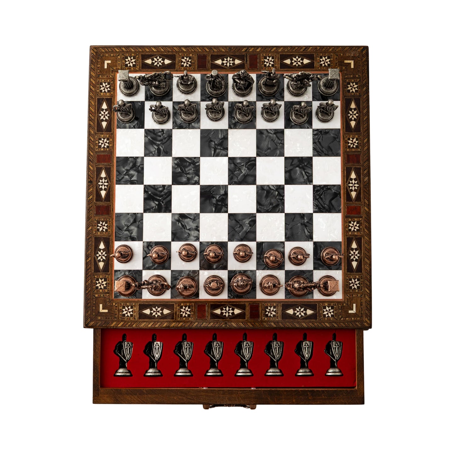 15’’ Handmade Wooden Chess Set with British Army Metal Pieces – Luxury Storage Board – Gift for Adults, Fathers & Collectors, Gift for Him (Black)