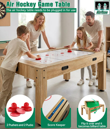7FT 4-in-1 Multi Game Table with Pool Table Air Hockey Ping Pong, Convertible Pool Dining Table & Desktop with Locked Wheels, Complete Accessories Table Combo for Home, Game Room and Family Daily Use