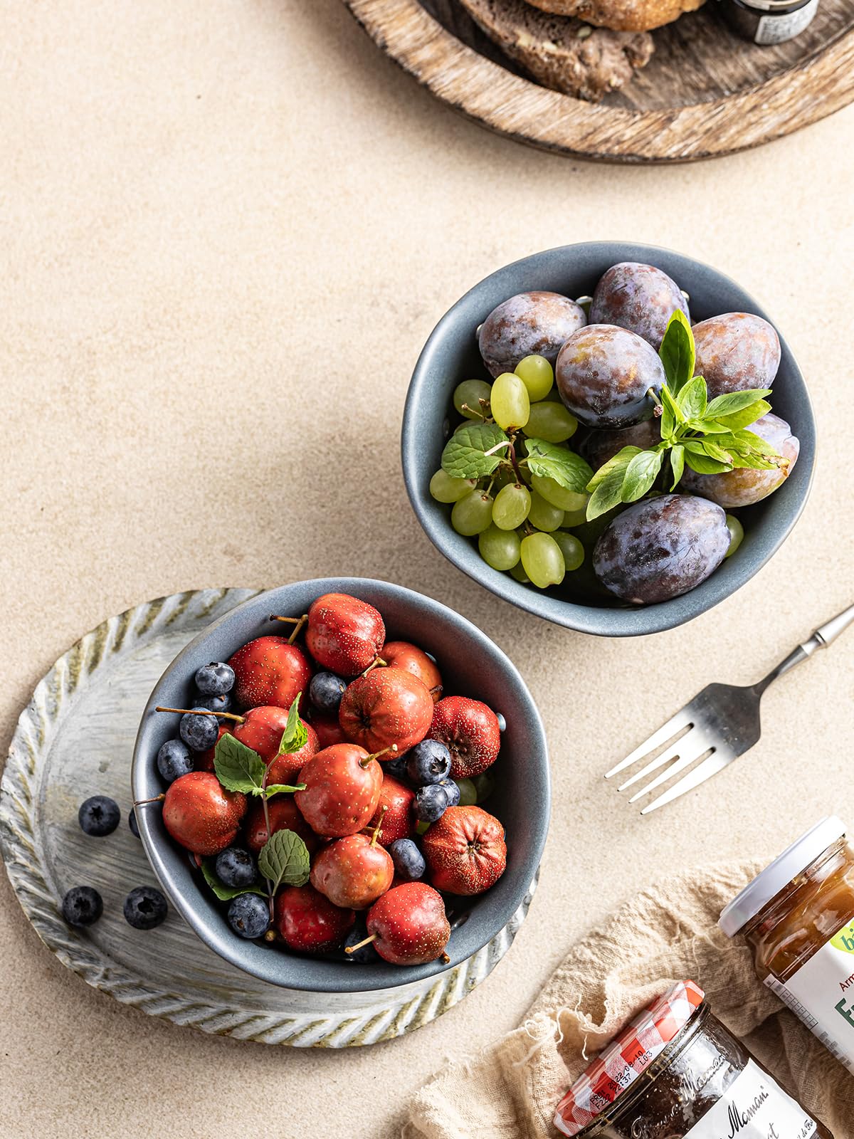 Gomakren Ceramic Berry Basket Set of 2, Elegant Fruit Bowl with Holes for Kitchen Counter, 6 Inch, Berries, Strawberry, Grape, Cherry, Floral Shape, Slate Blue, Dishwasher Safe