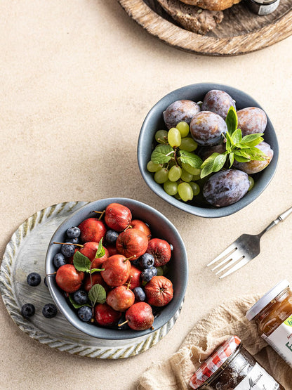 Gomakren Ceramic Berry Basket Set of 2, Elegant Fruit Bowl with Holes for Kitchen Counter, 6 Inch, Berries, Strawberry, Grape, Cherry, Floral Shape, Slate Blue, Dishwasher Safe