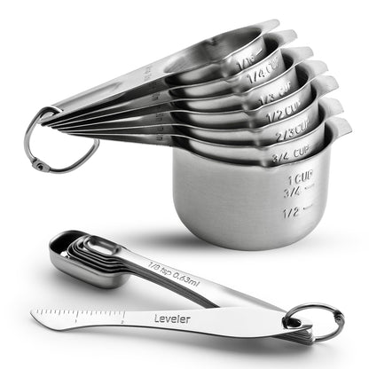 Spring Chef Stainless Steel Measuring Cups and Spoons Set of 14 with Leveler, Nesting Kitchen Metal Measuring Cups and Spoons Set for Dry and Liquid Ingredients, Perfect for Cooking & Baking