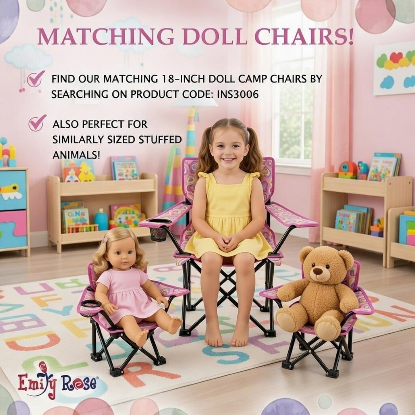 27 Emily Rose Kids Folding Beach Camp Chair with Cup Holder, Safety Lock & Matching Carry Case (Playful Hearts) Toddler