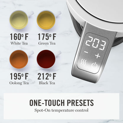 Martha Stewart  Electric Kettle with Removable Stainless Steel Tea Infuser, Glass Carafe 1.7L (7 Cups), Hot Water Boiler, 4 Presets, Keep Warm & Auto Shut-Off, Cordless 360° Swivel Base, Linen White