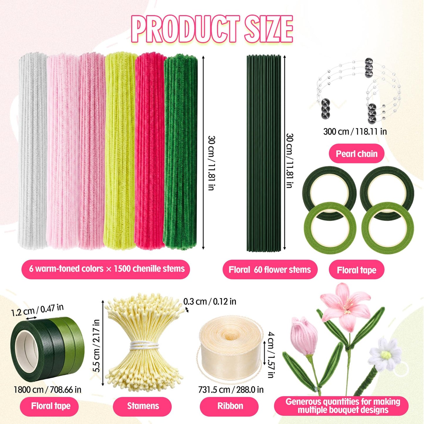 Rivvlive Pipe Cleaner Flower Kit, 1500 Pcs Pipe Cleaners Craft Chenille Stems Bulk with Floral Wires DIY Bouquets Gardening Tape Stamen Ribbon Beads for Art Craft Supplies Gift(Pink Set)
