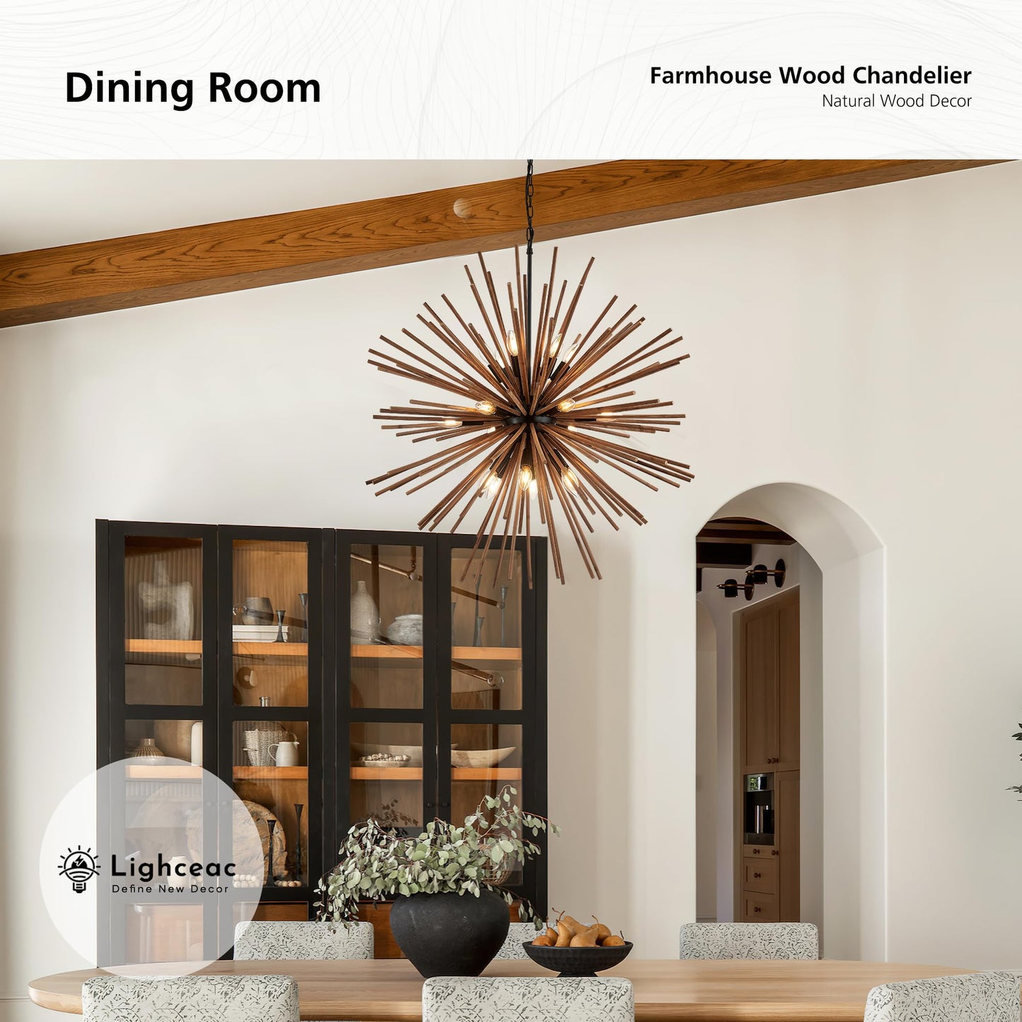lighceac 37.4" Farmhouse Sputnik Chandelier for Dining Room Rustic Handmade Natural Wood 18-Light Hanging Ceiling Pendant Light Fixture Starburst Wood Chandeliers for Kitchen Bedroom Foyer Hallway