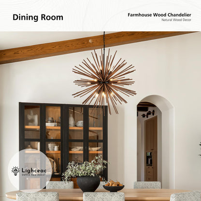 lighceac 37.4" Farmhouse Sputnik Chandelier for Dining Room Rustic Handmade Natural Wood 18-Light Hanging Ceiling Pendant Light Fixture Starburst Wood Chandeliers for Kitchen Bedroom Foyer Hallway