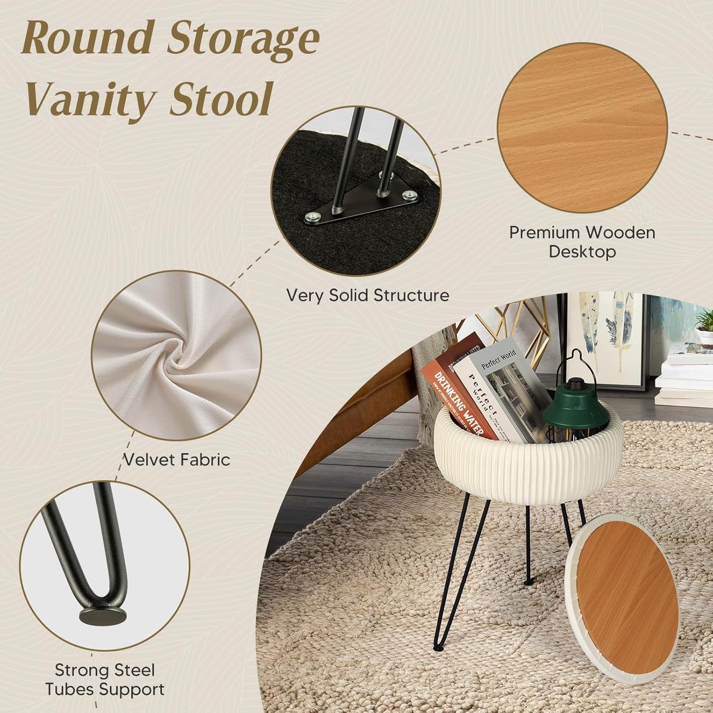 Velvet Vanity Stool with Storage, Round Ottoman Vanity Chairs with Anti-Slip Feet, Dressing Table Seat Foot Stool