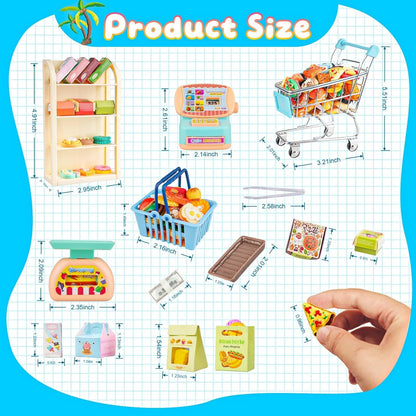 196Pcs Mini Shopping Cart Basket Trolley Grocery Game Model Miniature Drink Bottle Food Pizza with Box Supermarket Metal Handcart Toy Doll House Store Cosplay Pretend Kitchen Shelf Cash Register