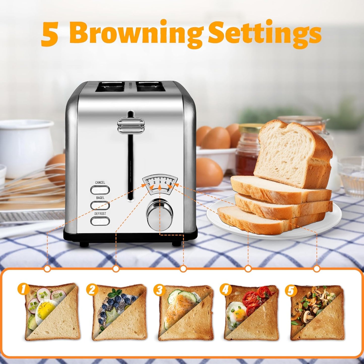 YSSOA 2 Slice Stainless Steel Toaster, Extra Wide Slot & Removable Crumb Tray, Retro Compact Oven, Silver