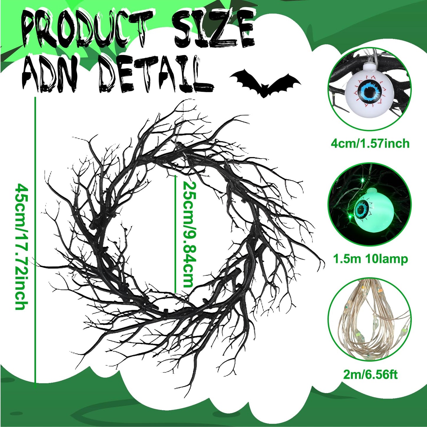 Dingion 18'' Halloween Eyeball Wreath for Front Door Light up Eyeball Wreath Decoration LED Halloween Garland with Black Dead Branch Garland Battery Operated Glowing Creepy Party Favor Wall Outdoor