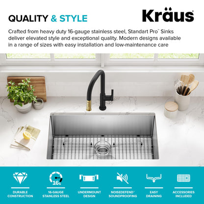 Kraus KHU100-32 Standart PRO 16 Gauge Undermount Single Bowl Stainless Steel Kitchen Sink, 32 Inch