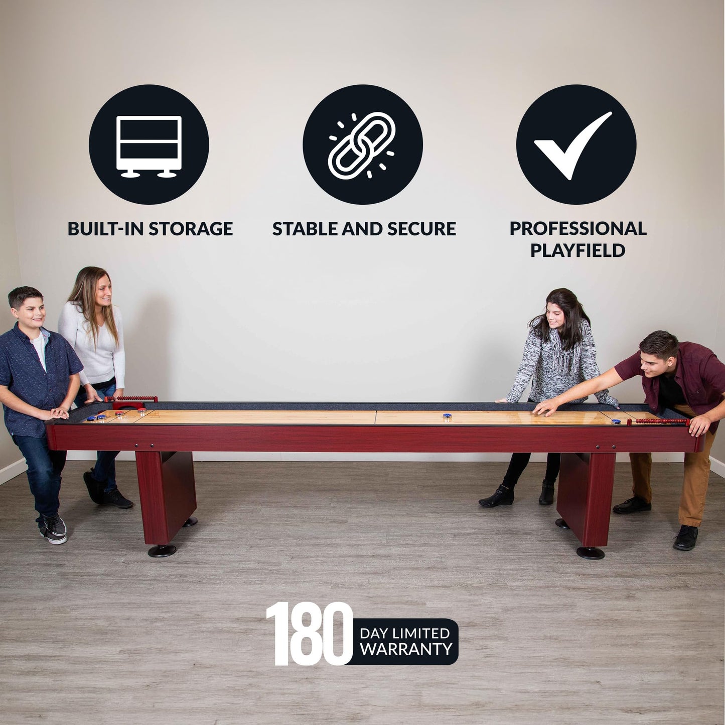 Challenger Shuffleboard Table with Dark Cherry Finish, Hardwood Playfield, Storage Cabinets, Climate Adjusters, Leg Levelers, 8 Pucks, Brush and Wax