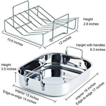 Cooks Standard Stainless Steel Roaster Pan with V-Shaped Rack, Inner 16-Inch x 13-Inch; Edge 17-Inch x 14-Inch; Turkey Roasting Pan Bakeware for Oven, Rectangular