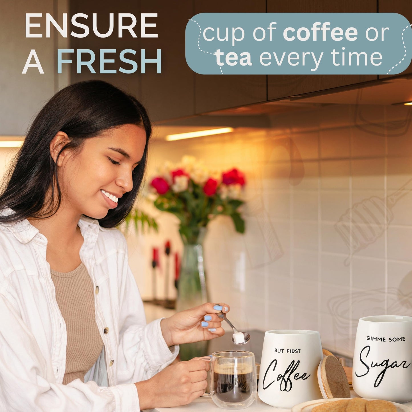 FIFTH FORK Coffee Tea and Sugar Ceramic Canister Set with Bamboo Lids - 3-Piece Airtight Kitchen Canisters for Countertop - Coffee Bar Container Set, Off-White
