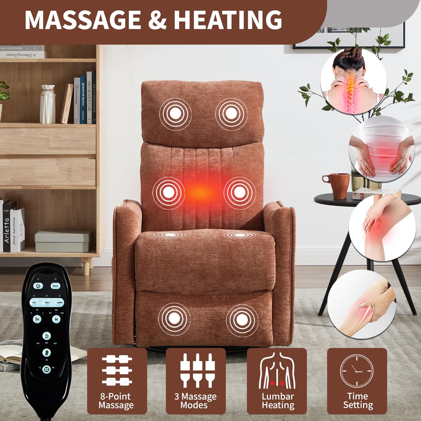 KEIKI 4-in-1 Manual Swivel Rocker Recliner Chair for Living Room, Chenille Nursery Glider Rocking Chairs with Back Massager & Heat, Built for Mobile Home Relaxation on Long Road Trips Journey, Orange