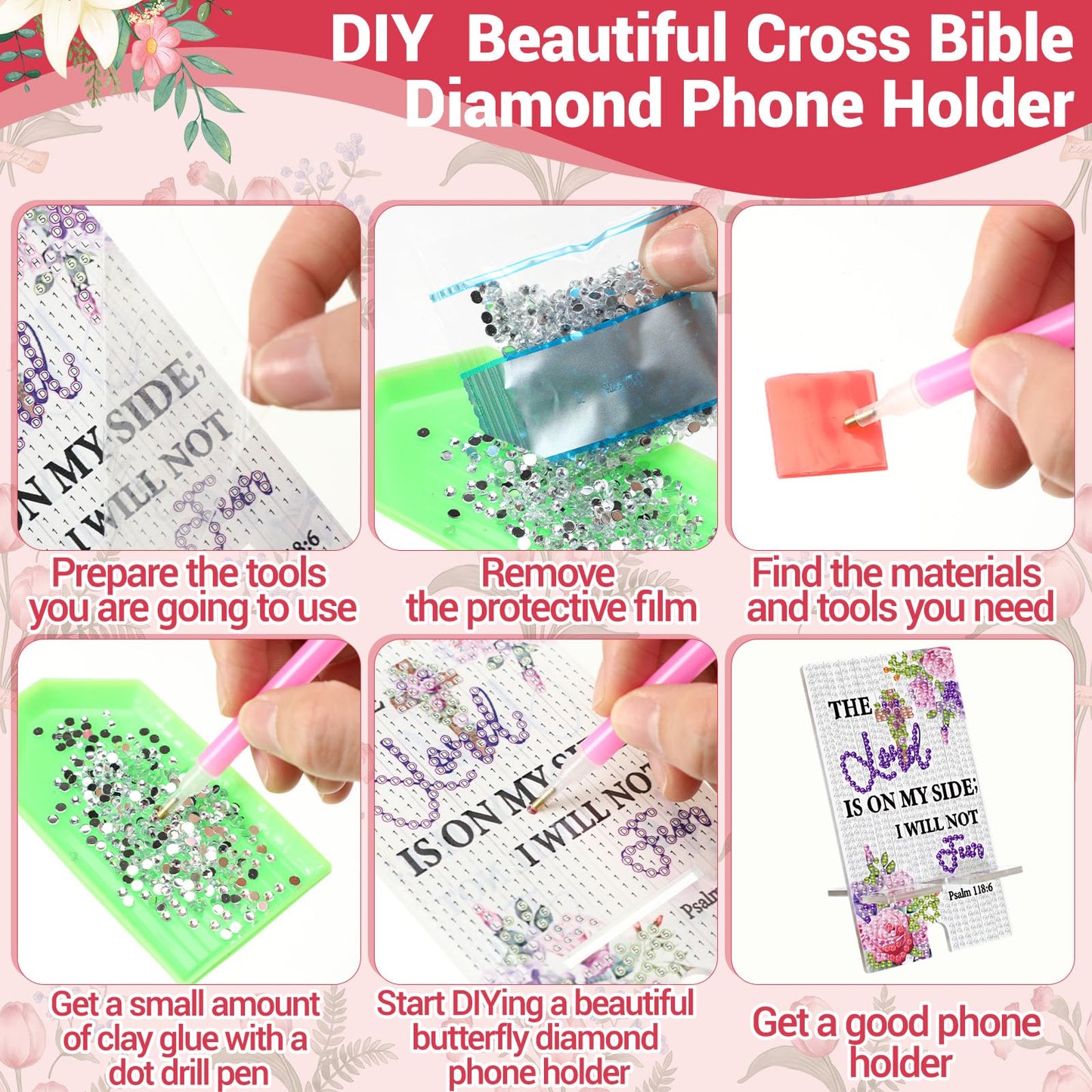 Kenning 8 Pcs Inspirational Bible Diamond Painting Cell Phone Stand DIY 5D Full Crystal Acrylic Christian Cross Diamond Art Phone Holders Kits for Beginner Adults DIY Crafts Religious Gifts