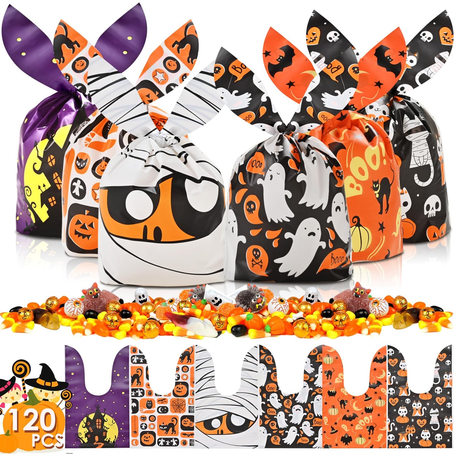 AhfuLife 120 PCS Halloween Treat Candy Bags, 6 Designs Halloween Goodie Bags for Trick or Treat, Small Cute Rabbit Ears Snack Bags for Party Supplies Favors